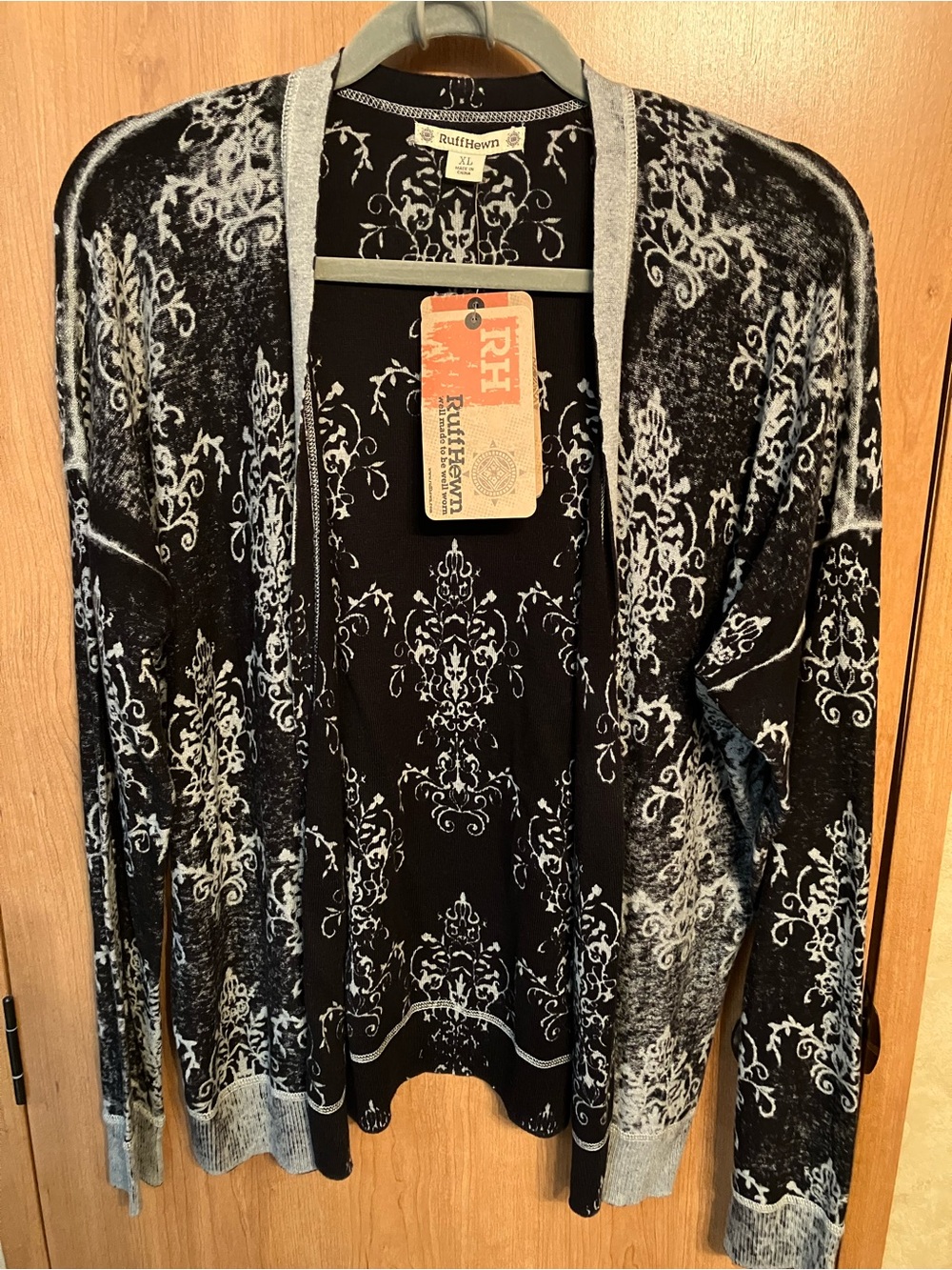Ruff Hewn Black & Gray Open-Front Women's Cardigan with Ornate Print NEW XL